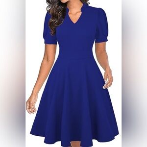 Elegant V Neck Royal Blue Fit and Flare Dress Size L